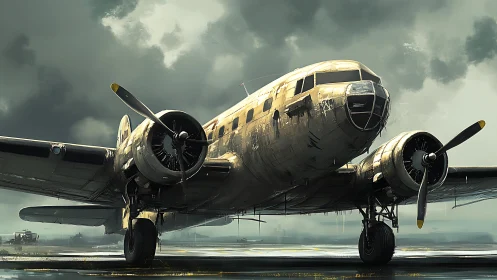 Twin‑engine propeller aircraft stands on wet airfield tarmac