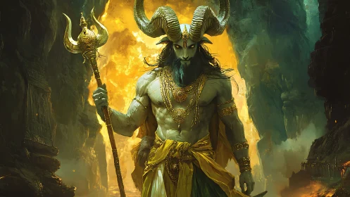 Horned abyssal warlord strides from molten twilight.