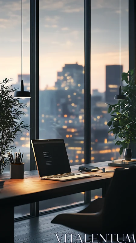 Modern Workspace Overlooking Twilight City Skyline.