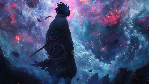 Lone anime swordsman before swirling cosmic storm portal.