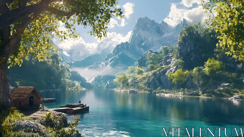 Mountain lake cabin with dock under bright summer light.