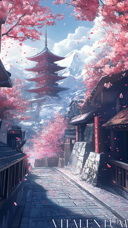 Cherry blossom street leads toward distant red pagoda