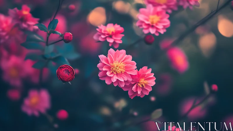 Pink Dahlias in Soft Focus with Blurred Garden Background