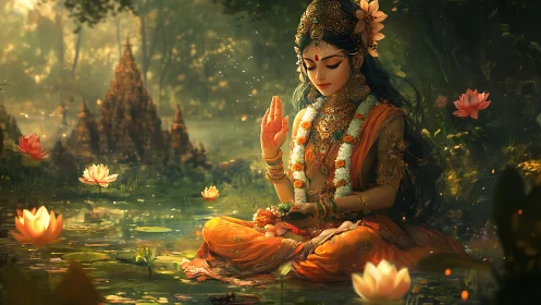 Divine woman meditating in lotus pond with golden temple glow.