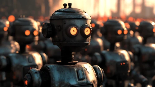 Rustic robot crowd glows under warm industrial light.