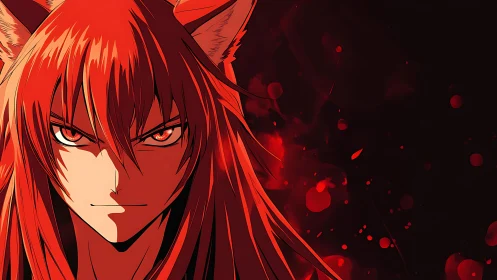 Fox-eyed anime warrior radiates fierce crimson power.