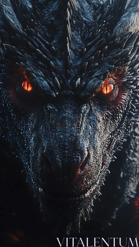 Infernal dragon close-up with molten ember eyes and scales.