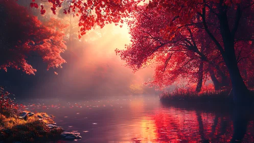 Crimson autumn trees glow beside a tranquil reflective lake