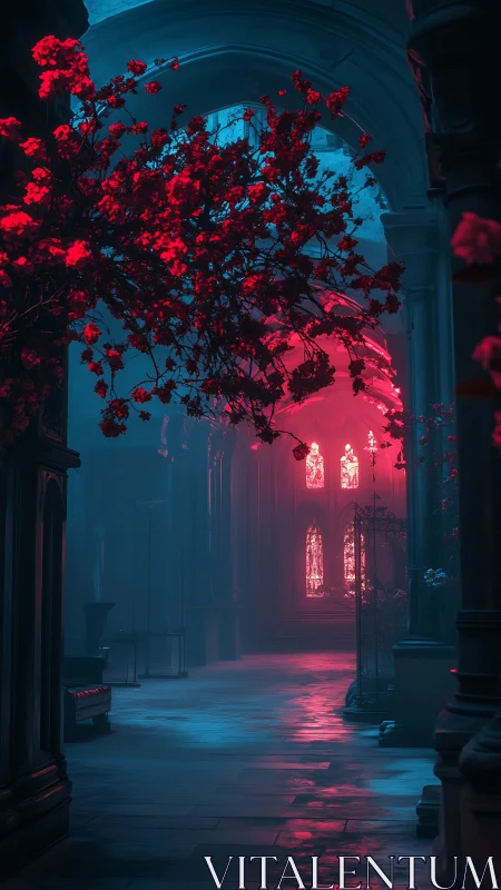Gothic nave with neon magenta bloom and volumetric fog lighting.