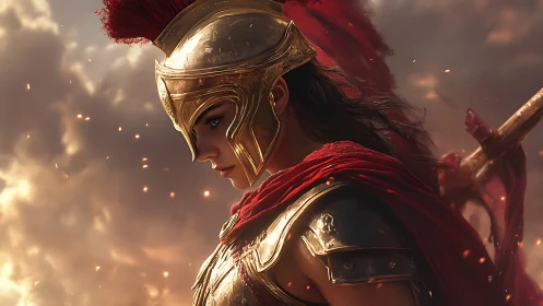 Fierce warrior in golden armor pauses within glowing embers