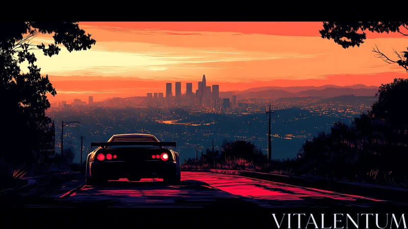 Sunset street racer gazes over neon drenched city skyline.