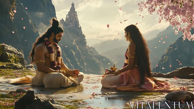 Divine couple share a tranquil ritual in misty mountain valley