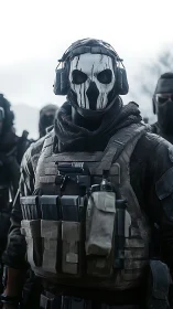 Masked tactical operator in plate carrier and headset gear.