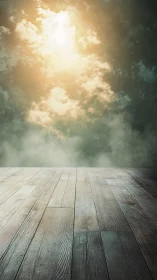 Sunlit clouds drift above a stage of weathered wooden planks