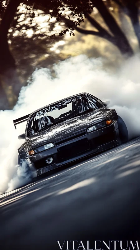 Turbo drift car carves a smoky line through forest shadows.