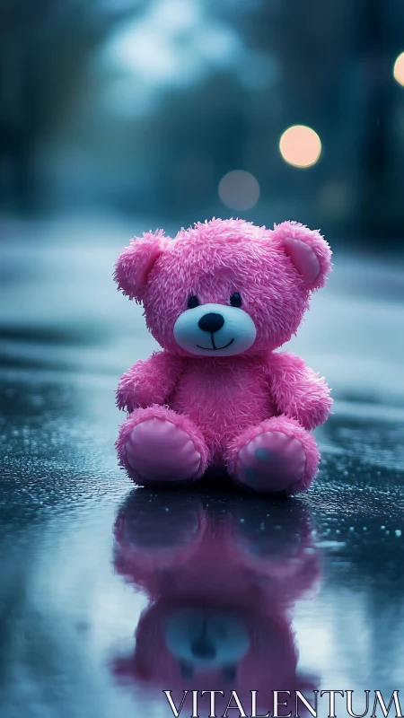 Pink teddy bear glows softly against a rainy city street