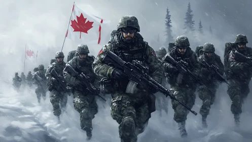 Canadian Military Squad Marching Through Snow Storm