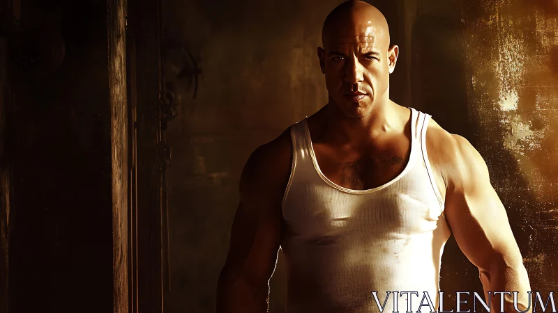 Muscular figure in harsh side lighting within grunge interior.