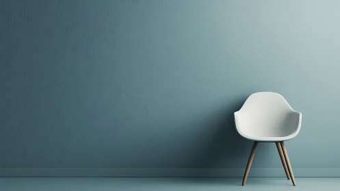 Minimalist white chair against soft teal interior wall.