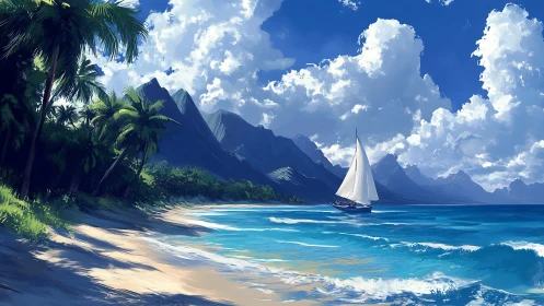 Sailboat near tropical shoreline with mountains and clouds.