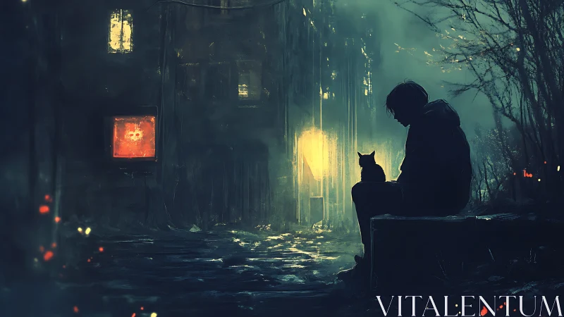 Silhouetted figure and cat sit beside wet alley at night