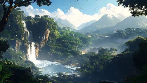 Lush tropical canyon with cascading waterfalls and misty light.