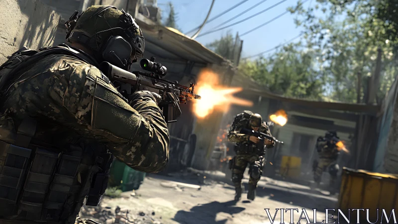 Soldiers engage in coordinated rifle fire in narrow alleyway