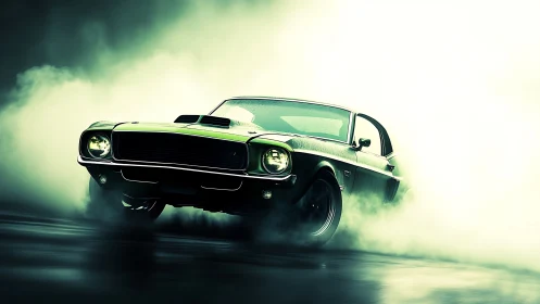 Classic muscle car drifting through neon-tinted smoke clouds.