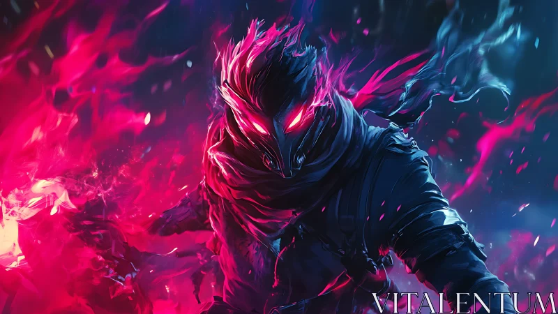 Ember-eyed shadow strides through neon inferno night