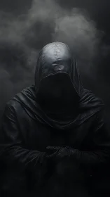 Hooded phantom in black leather cloak amid drifting smoke.