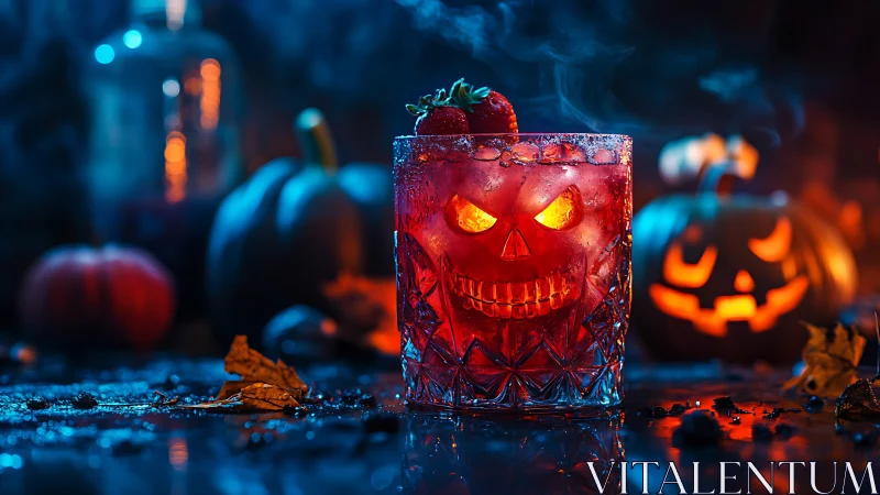 Haunted Halloween Cocktail With Glowing Skull.