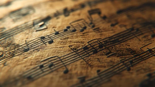 Weathered manuscript with softly lit musical notation detail.