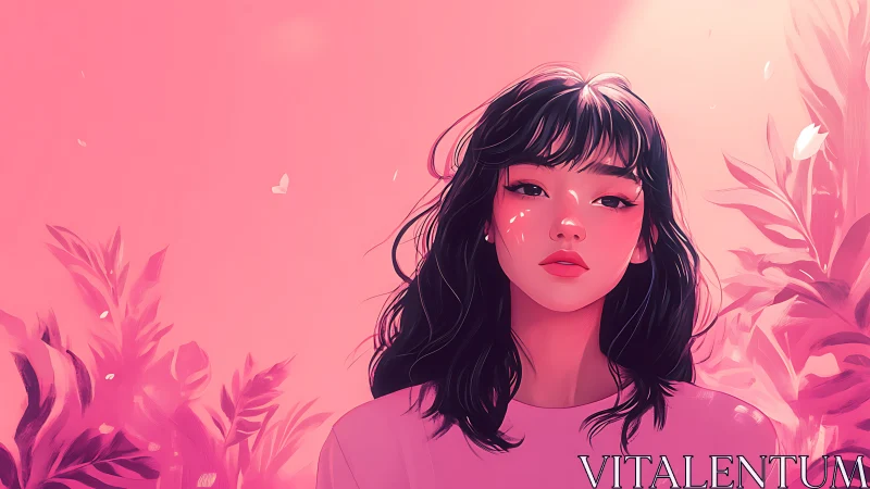 Soft-lit pink portrait amid dreamy botanical glow.