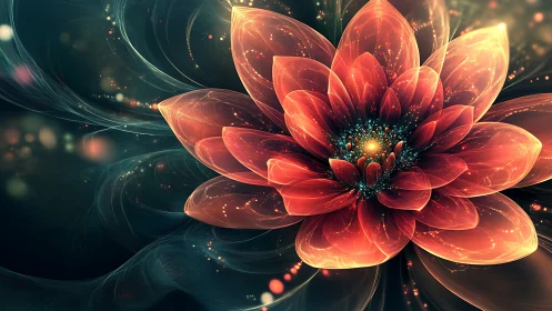 Digital fractal flower with luminous layered petals in teal space.