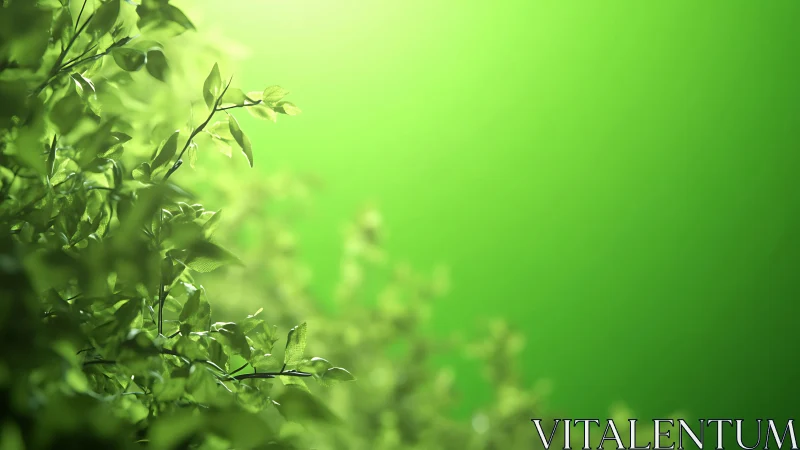 Sunlit green leaves drift softly into a glowing blur