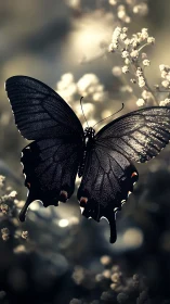 Black butterfly in shallow depth of field floral setting.