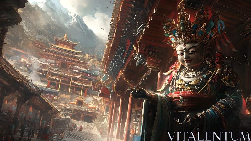 Majestic temple city ascends beneath ornate mountain deity
