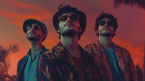 Stylized trio in tropical attire gaze upward under neon sunset