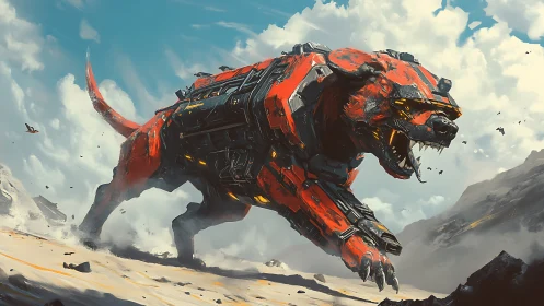 Cybernetic warhound charges across shattered desert horizon.