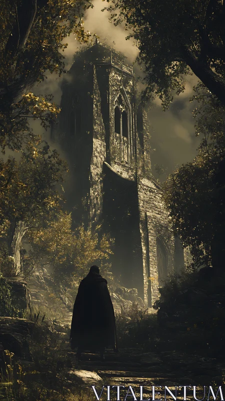 Cloaked figure approaching tall ruined stone tower in forest.