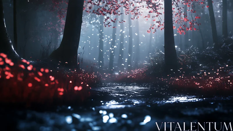 Mystical Forest Stream with Bioluminescent Flora.