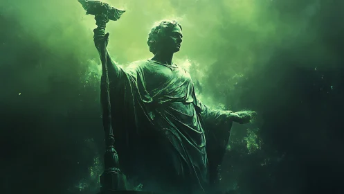 Mystic guardian statue bathed in glowing emerald light.