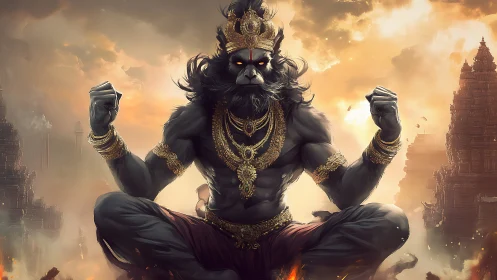 Mythic warrior deity in molten dusk with temple skyline.