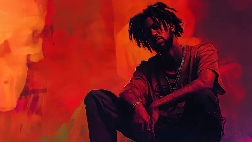 Moody urban portrait in saturated red-orange digital paint.