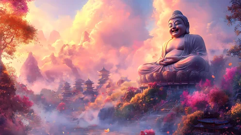 Colossal mountain Buddha above misty sakura valley.
