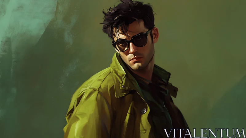 Brooding man in green coat with dark sunglasses portrait.