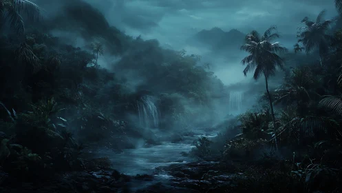 Mystical jungle waterfall shrouded in ethereal mist and moonlight.