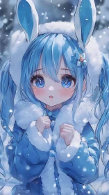 Snowy blue bunny girl cradles winter’s hush in wide eyes.