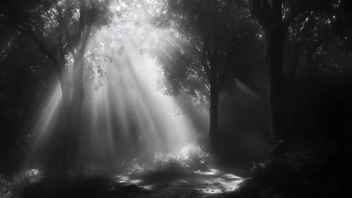 Silver sunbeams carve a quiet cathedral from forest fog.