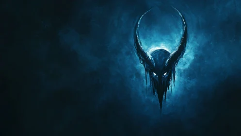 Sinister horned wraith emerges from a glowing blue void